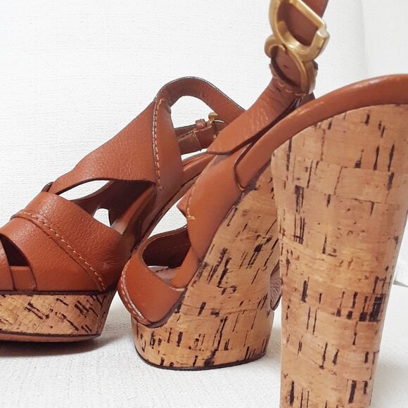 Chloe Cork Slingback Platform High Heel Tan Brown Size 39 - Picture 6 of 15